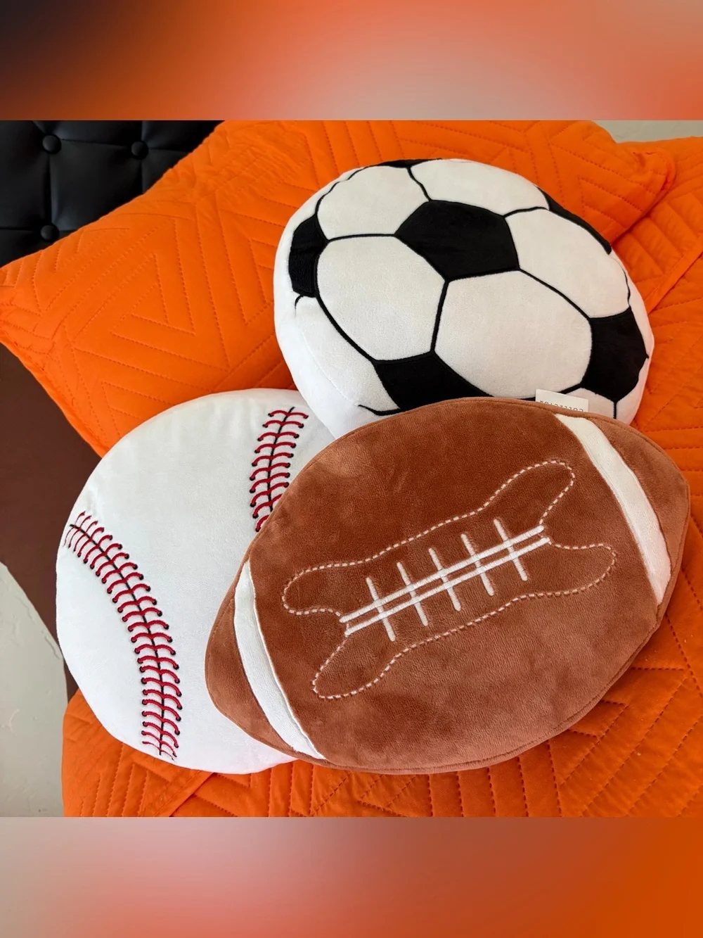 Sports Plush Pillow Trio - Soccer, Baseball & Football - Black, White, Brown